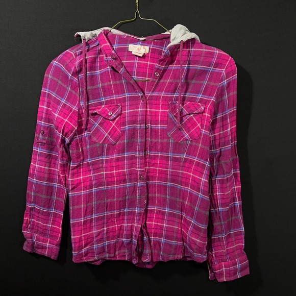 Pacific Tops - Op Ocean Pacific Women's Small 3/5 Pink & Gray Plaid Lightweight Flannel Shirt